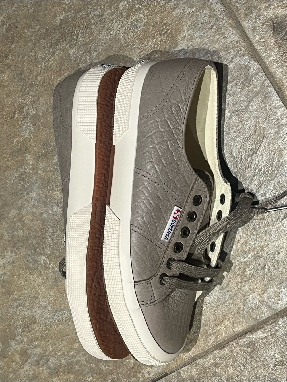 Superga Taupe Leather Platform Sneakers with White and Brown Sole